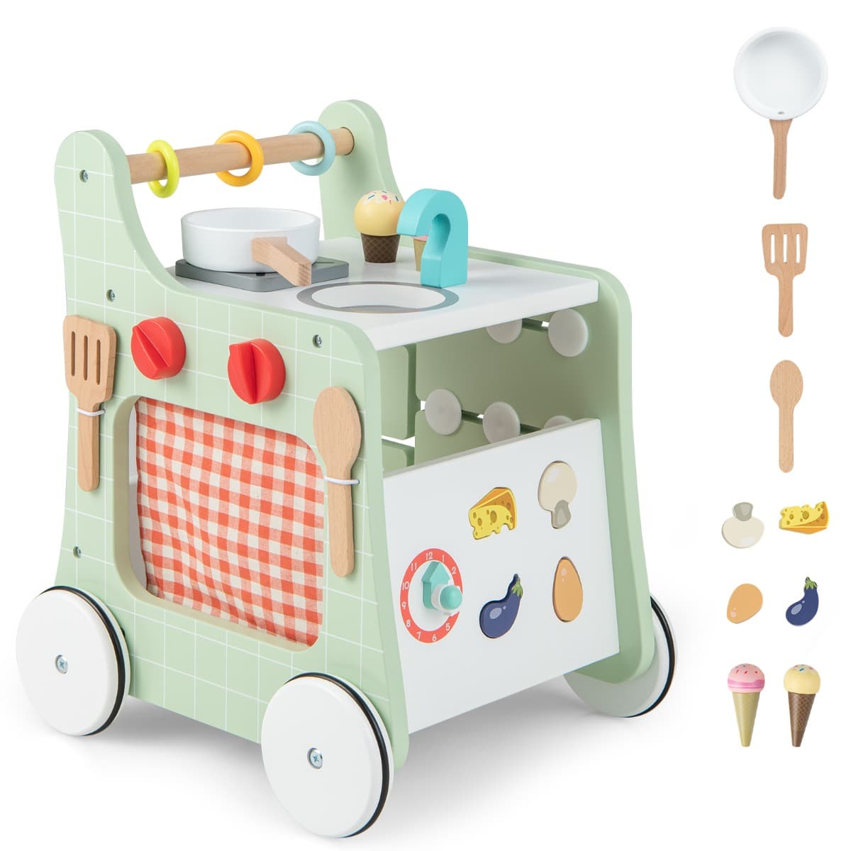 CostwayPoussette en Bois 6 en 1 pour Bébé Centre d'Activités d'Apprentissage Cuisine de Jeu Horloge Pédagogique Curseur Mobile et Assorti Vert