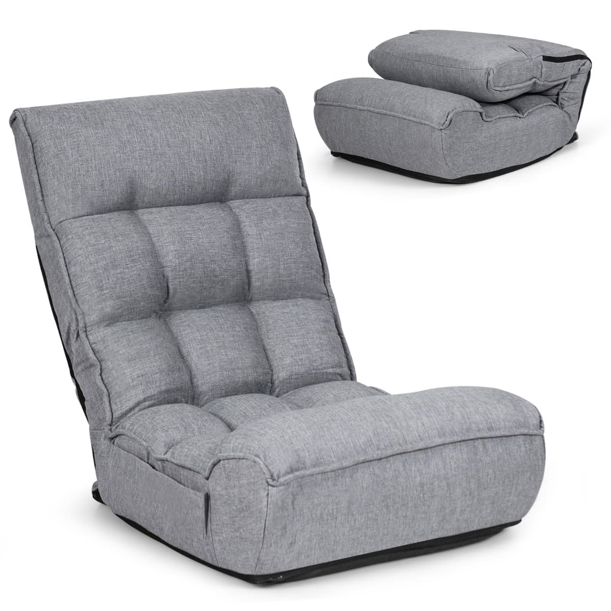 CostwayChaise de Sol Pliante Réglable à 4 Positions Chaise de Sol avec Tête Réglable à 5 Positions et Poche Latérale Gris