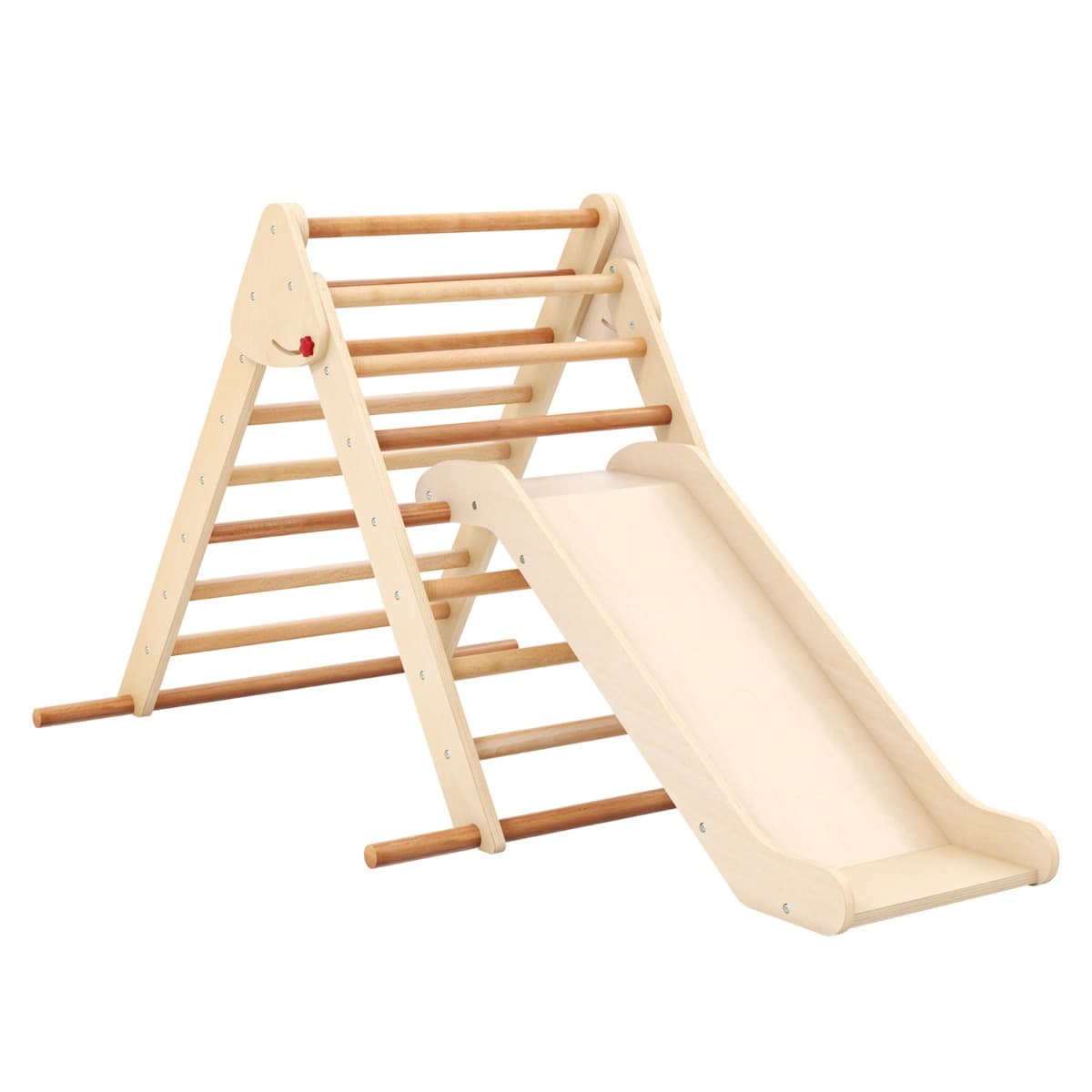 CostwayEnsemble Triangle Pikler Escaladeur Triangle Pliable avec Toboggan & Barres en Bois de Hêtre Solide Aire de Jeux pour 1 An et Plus Naturel