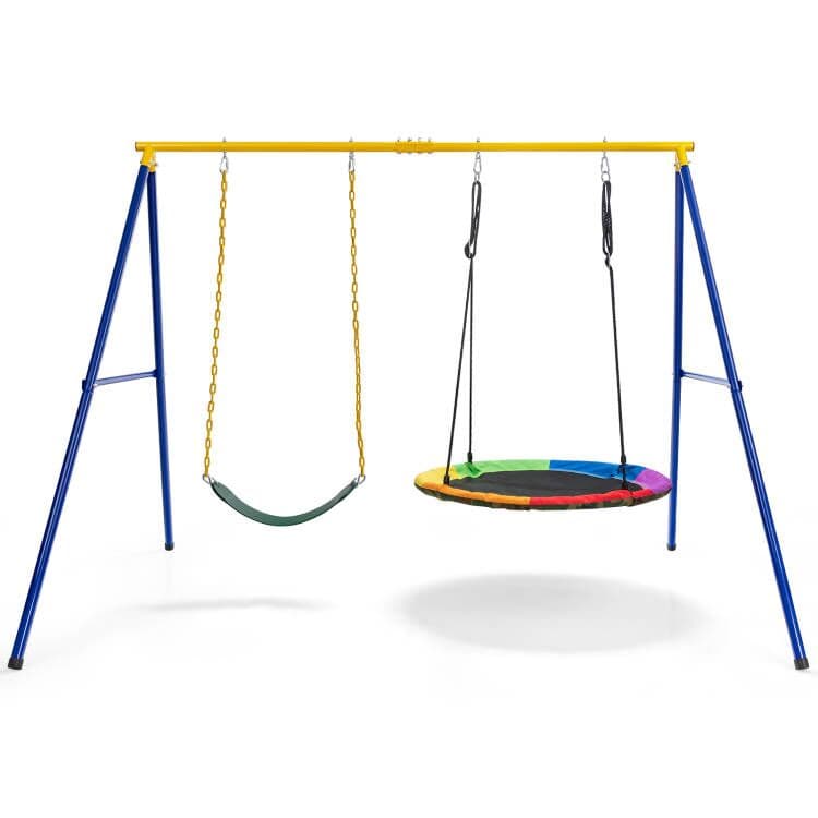 CostwayEnsemble de 2 Balançoires et Support en Métal en Forme A Stable Charge 150 kg pour Enfants 3 Ans+