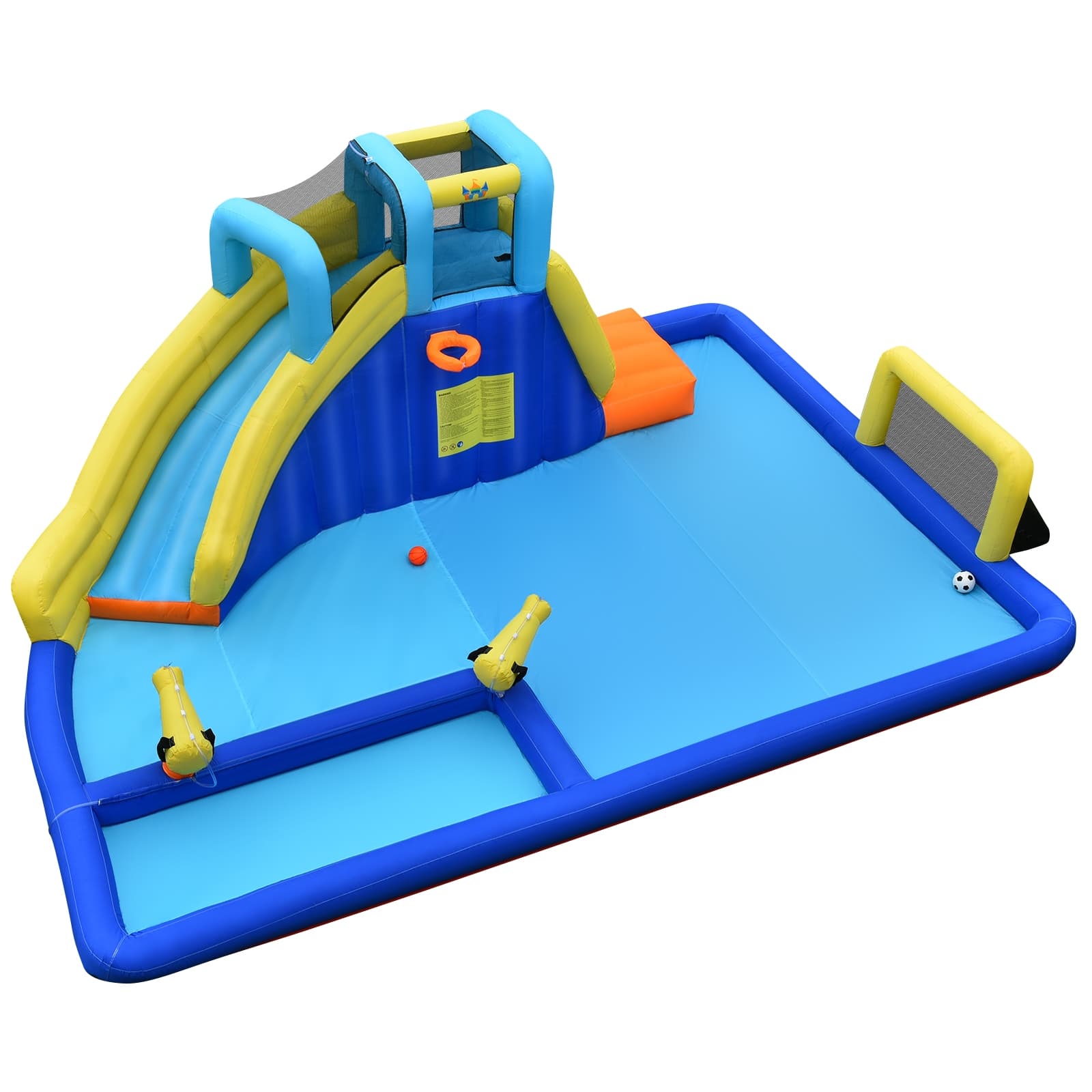 CostwayChâteau Gonflable 6 en 1 avec Escalade Toboggan à Jet d'Eau Grande Piscine Cadre de Football/Basket-ball (sans Souffleur)