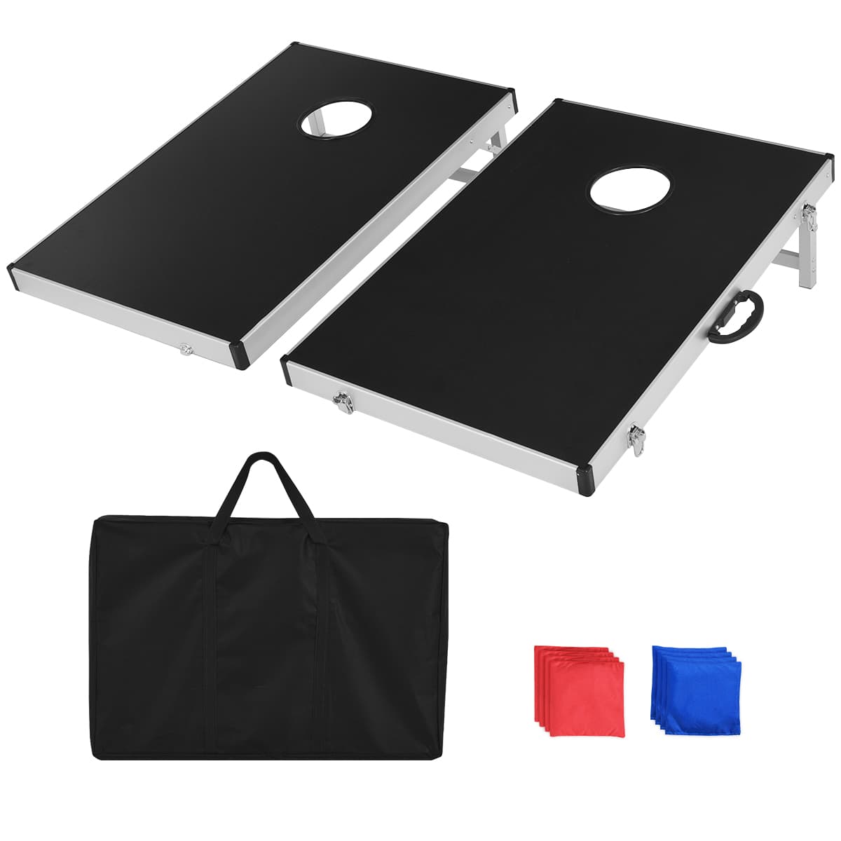 CostwayEnsemble de Panneaux de Cornhole en Bois Alliage d'Aluminium avec Poignée Latérale 8 Sacs de Sable 2 Plateaux de 90 x 60 cm
