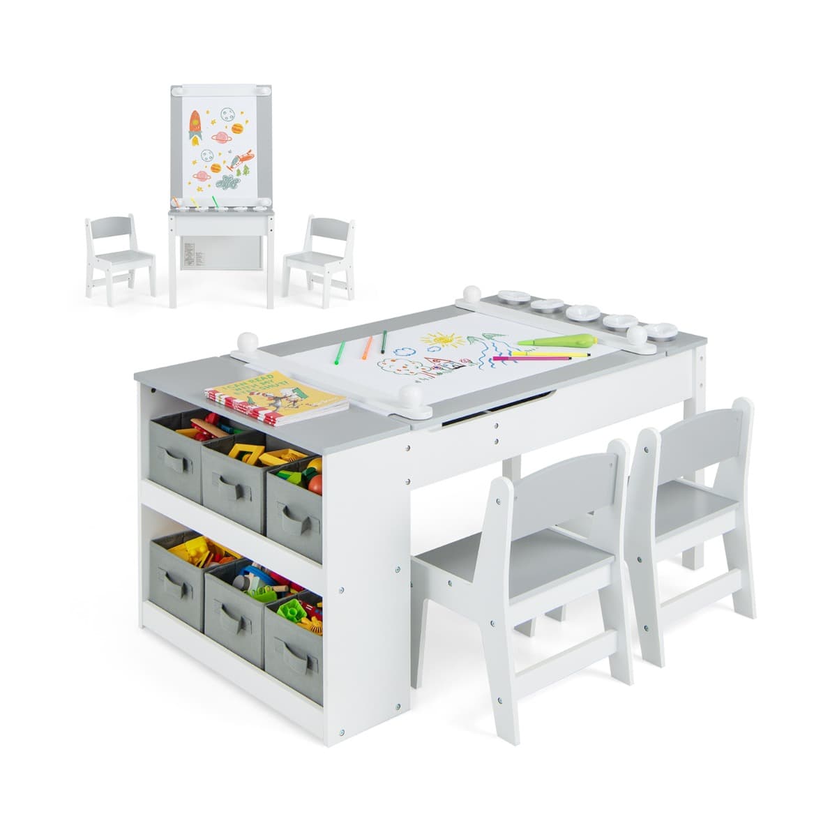 CostwayEnsemble Table et Chaises Multifonctionnel pour Enfants Bureau D'activités avec Plateau Relevable Rouleau de Papier Gobelets à Peinture et 6