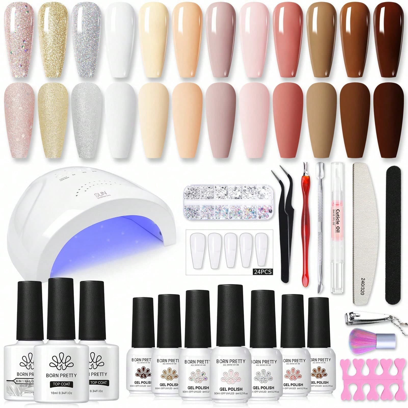 48W Lampe Kit Ongle Gel UV Complet 50PCS, 12Couleurs Vernis Semi Permanent Nudee Pailleté+8 en 1 Gel Fonctionnel et 2pcs Top Coat, Faux Ongles