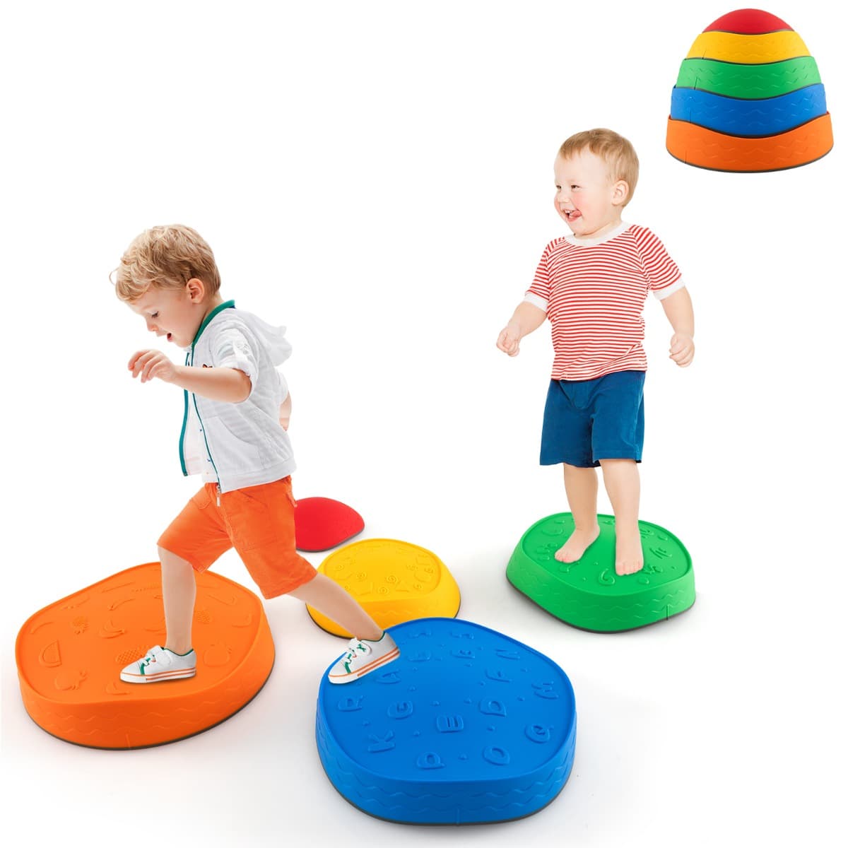 CostwayJeu de 5 Pierres de Rivière pour Enfants Empilables Set de Pierres d'Équilibre avec Bords Antidérapants Jouet Sensoriel pour Enfants de 3+